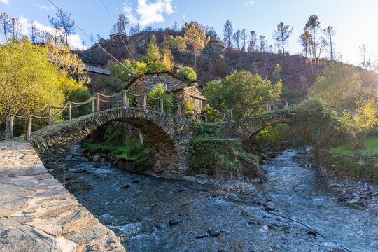 Foz da Egua schist village, arched stone bridges, river beach and hamlet in the Serra do Acor mountains in central Portugal. 