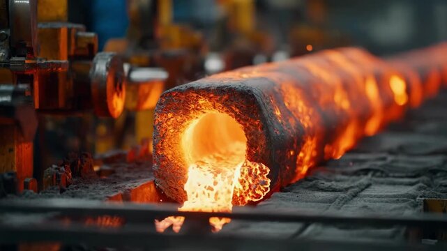 Medium shot of continuous ingot casting with hot metal solidifying as it moves through a production line highlighting the seamless and automated manufacturing technique.
