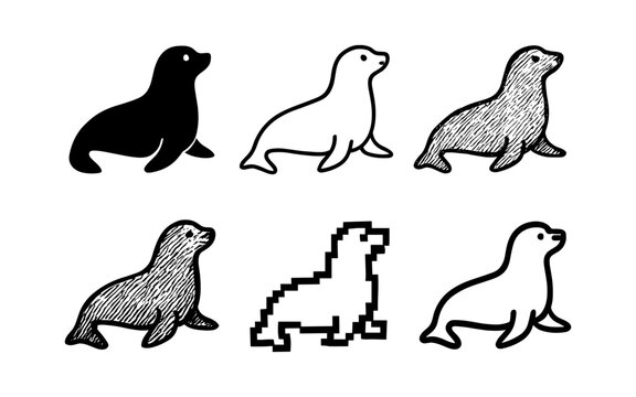 Collection of seal silhouettes and outlines in various artistic styles