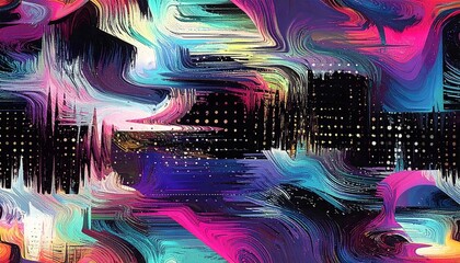 Vivid glitch-style abstract artwork with neon colors, distortion, and cyberpunk textured patterns.