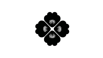 Elegant black and white stylized four-leaf clover flower graphic. Simple symmetrical floral design on a pure white background.