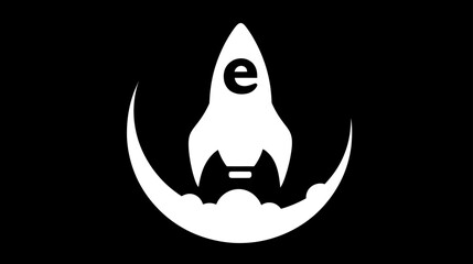 White rocket launching with 'e' symbol, representing digital technology, online business growth, startup, innovation, and progress.