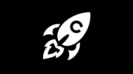 Minimalist White Rocket Icon Launching with Flames on Black Background &ndash; Modern Startup Business Growth, Innovation, Technology Symbol
