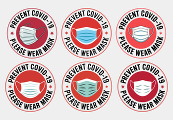 Fototapeta premium Prevent COVID-19 Please Wear Mask Stickers with Clear Mask Icons for Health Safety Awareness