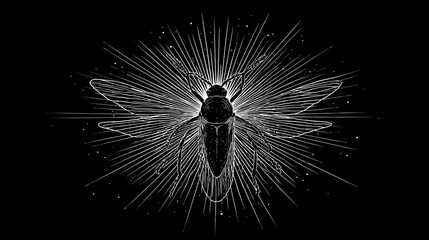 Artistic Illustration of a Flying Insect with Radiant Light and Spreading Wings on a Dark Background