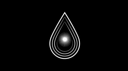 Minimalist abstract white teardrop graphic with concentric lines and radiating light burst on a black background, geometric modern design