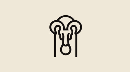 Minimalist line art illustration of a ram's head with large curved horns on a neutral background. Modern animal logo concept.