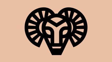 Stylized Geometric Ram Head Logo Icon. Minimalist Black Line Art Animal Design for Branding, Mascot, or Graphic Element on Beige.