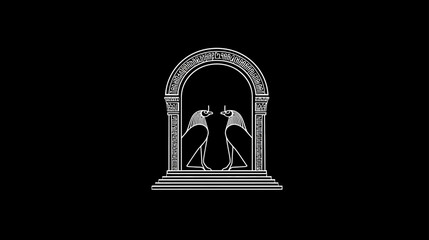 Elegant monochrome illustration of two stylized birds within an ornate decorative archway. Vintage design element.
