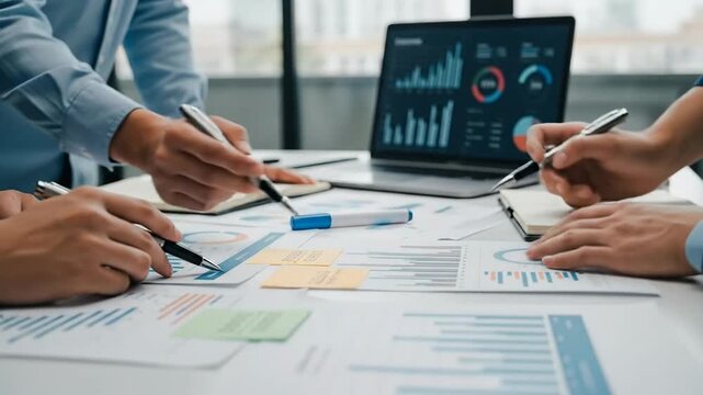 Business professionals analyzing financial data and graphs during meeting in modern office with digital charts