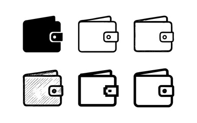 Set of wallet icons in different styles: silhouette, outline, hand-drawn, minimalist