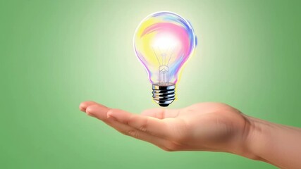 Womans hand holding a growing digital light bulb idea from color strokes on a green chromakey background. - Powered by Adobe