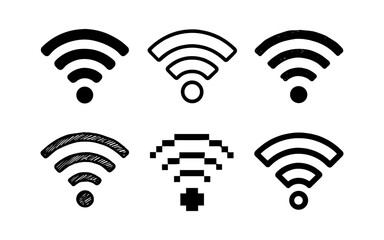 Diverse wifi icons set: hand drawn and pixel art styles for connectivity design