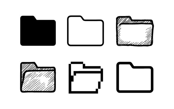Set of file folder icons in various styles including sketch and outline variations