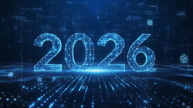 greeting card 2026 blue technology and digital theme, christmas and new year, festive atmosp.