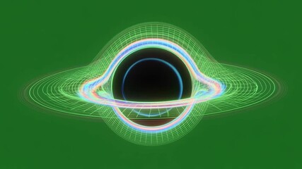 Gravitational lensing effect and accretion disk animation on green screen, showing spacetime distortion by a black hole - Powered by Adobe