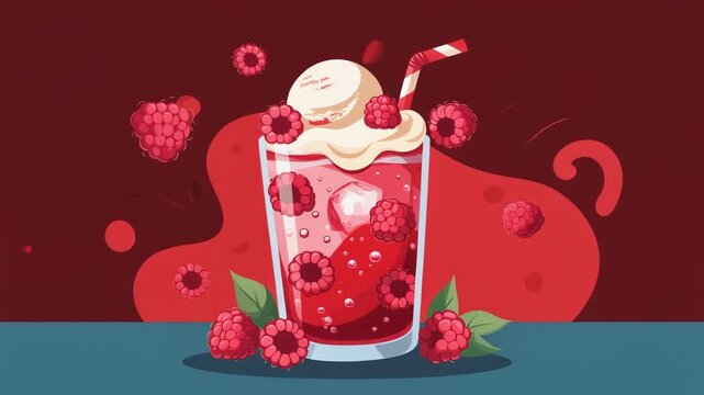 Refreshing Raspberry Delight: A vibrant illustration of a cold raspberry drink with ice, cream, and fresh berries, perfect for a hot day