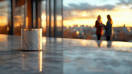 A marble object sits on a reflective table, with two women silhouetted against a city skyline at sunset. The scene is indoors with a warm, golden light.