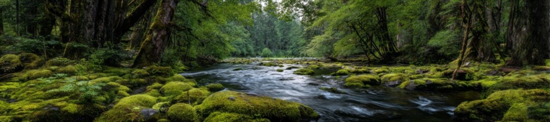 Obraz premium Serene river flowing through lush forest hdr panorama nature tranquil view