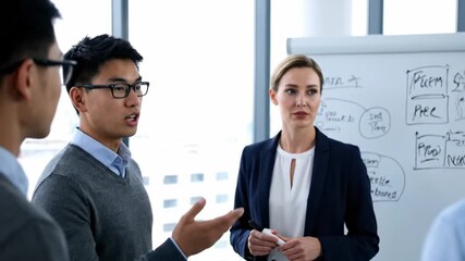 A diverse group of professionals engages in a productive discussion about business strategies. The meeting takes place in a bright office with modern decor, fostering collaboration and innovation - Powered by Adobe