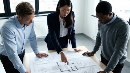 A team of architects and engineers collaborating over a blueprint in a modern studio, showcasing professional planning and teamwork - Powered by Adobe
