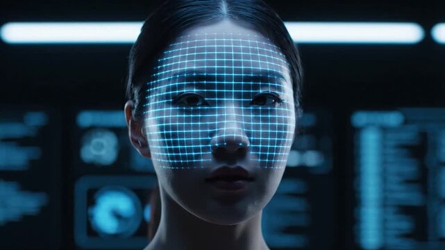 Secure biometric login with AI facial recognition scanning and verification, showing a successful identity check and unlocking a system with a holographic interface