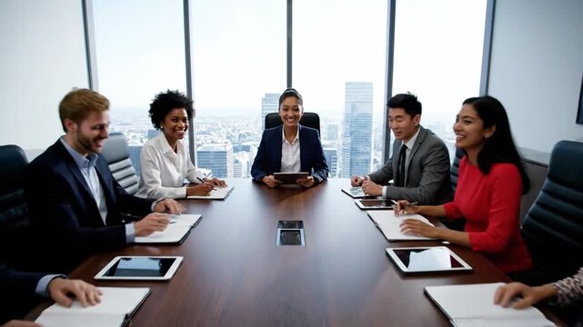 A diverse business team celebrates a major success with cheers and high-fives in a modern boardroom, showcasing the joy of achieving a collective goal through teamwork