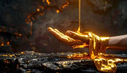 A gold liquid pouring over a hand in an artistic gesture
