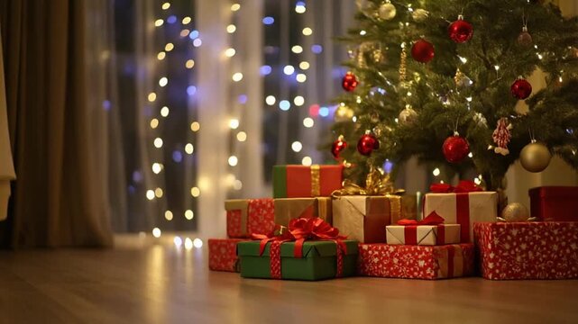 Many gift boxes and christmas decorations under a beautiful decorated christmas tree
