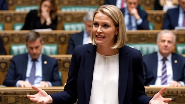 Politician delivering speech in parliament during intense discussion