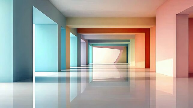 A modern interior hallway with colorful walls, geometric architecture, and bright lighting creating a sense of space and design.