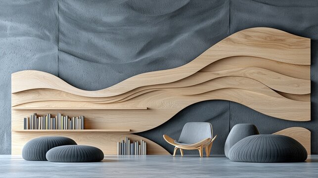 A modern interior design featuring a wooden wall with integrated shelves, a chair, and ottomans, creating a stylish and contemporary living space.