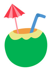 Fresh green coconut drink with straw and umbrella sticker for summer party refreshment