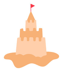Cute sandcastle with red flag sticker flat vector illustration for beach play and kids activity