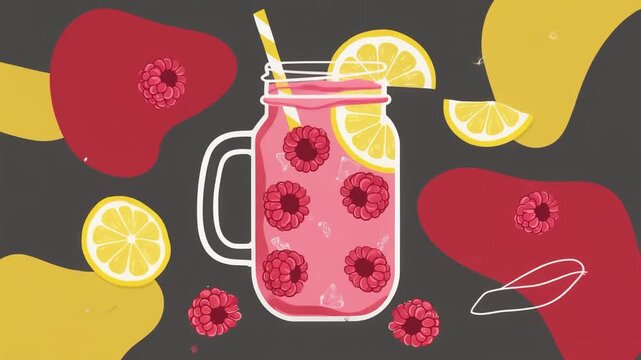 Refreshing Raspberry Lemonade: A vibrant glass jar filled with luscious raspberry lemonade, adorned with fresh lemon slices and a striped straw, resting on a stylish backdrop.