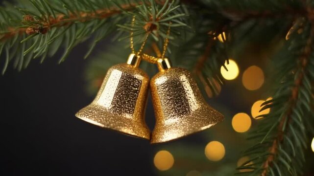 Merry Christmas 2026. Isolated garland of gold textured bell Christmas tree branches.
