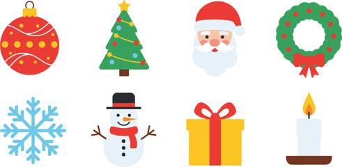 Festive Christmas icon set with Santa, snowman, tree, wreath, snowflake, candle, ornament and gift box, cad drawing flat vector illustration
