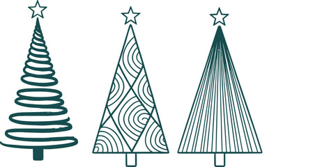 Minimalist Christmas tree line art set with abstract spiral, geometric patterns, and linear design, modern holiday decoration, winter festive vector illustration