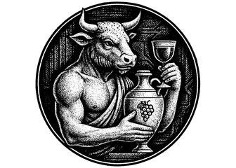 Engraved Minotaur Wine Emblem Vector, Mythical Bull God with Cup and Amphora, Vintage Winery Logo Design