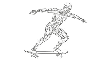 A detailed anatomical illustration of a human &eacute;corch&eacute; figure revealing the muscle system while skateboarding.
