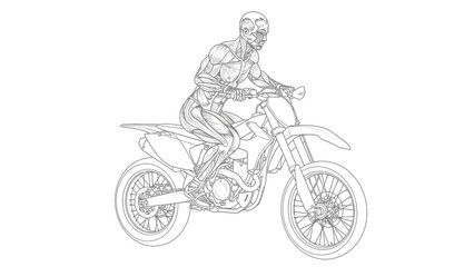 A black and white line art illustration of a muscular, zombie-like figure with exposed anatomy riding a modern motocross dirt bike.