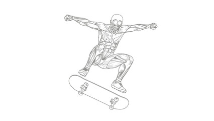 Anatomical line drawing of a human figure with exposed muscles performing a jump on a skateboard.