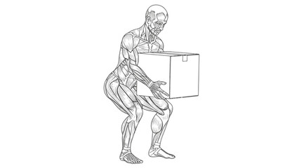Anatomical illustration of the human muscular system correctly lifting a heavy cardboard box from a squatting position.