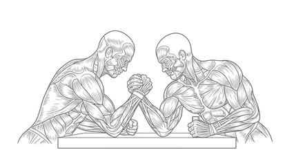 Anatomical illustration of two muscular figures with exposed muscles engaged in an arm wrestling match.