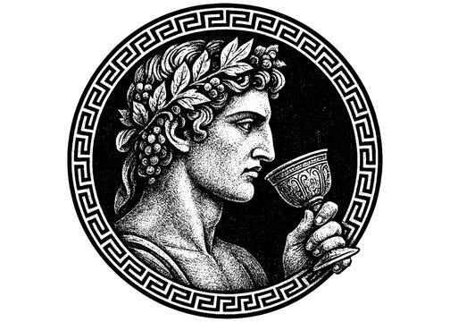 Dionysus Wine God Vector Emblem, Classical Greek Engraving Logo, Bacchus Drinking Cup Symbol Design