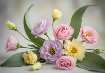 Fototapeta premium Elegant eustoma flower arrangement with pastel shades on a soft background