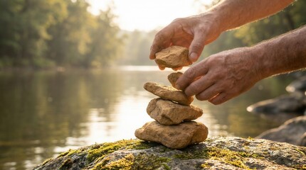 hands stacking stones into cairn on mossy rock by river at sunset