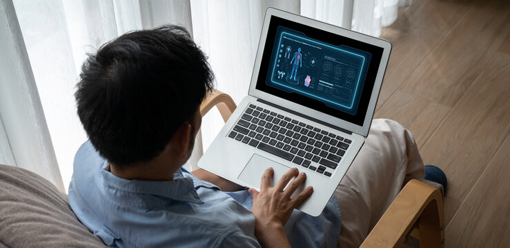 Medical science technology and futuristic healthcare virtual computer software analyze human health and diagnose disease for doctor data and medical research. brisk