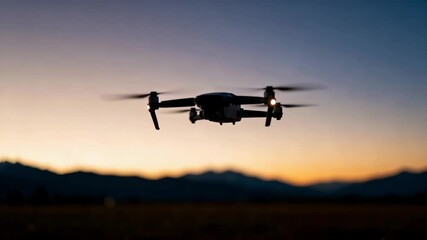 Drone silhouette flying against vivid gradient twilight sky, showcasing spinning propellers in motion. Ideal for promotional content related to drone technology and aerial photography
