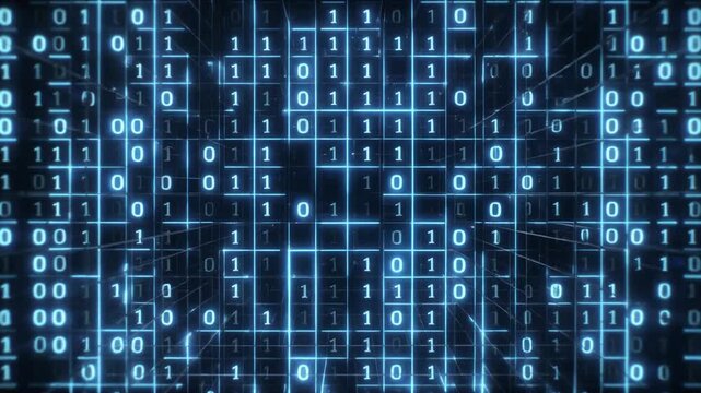 Digital Data Grid: A captivating digital display of a binary code grid glows with neon blue, symbolizing the complexities and interconnectedness of information in the digital world.